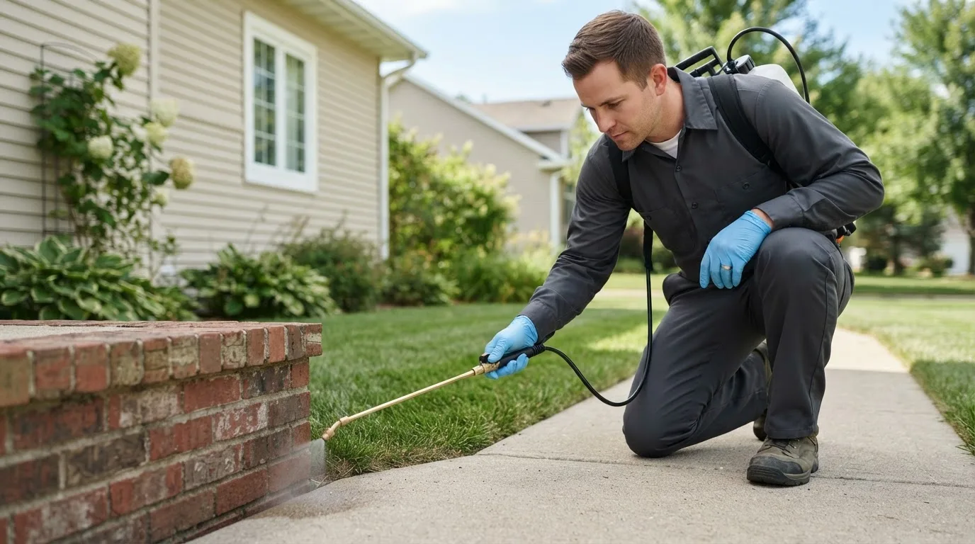Pest control technician treating a home near Fisher, MN