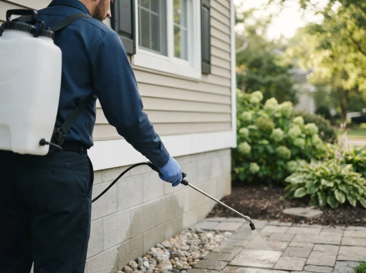 Pest control technician inspecting a home in Fisher, MN